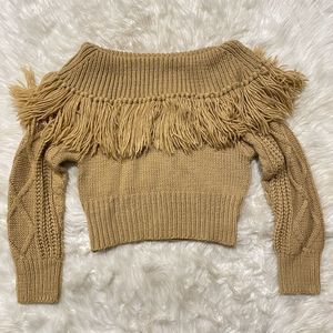 BLUE B Boutique Fringe Chunky Sweater Boho Camel Cropped Off The Shoulder